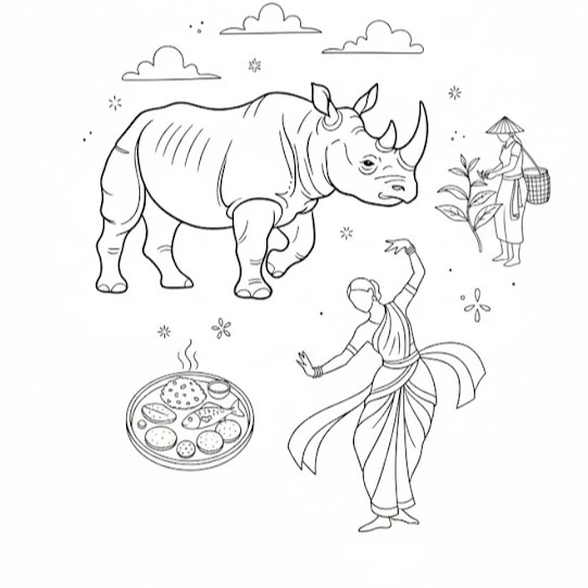 Cultural illustration representing Assamese language and Assam, India - featuring iconic landmarks, cuisine, and symbols of Assamese speaking regions