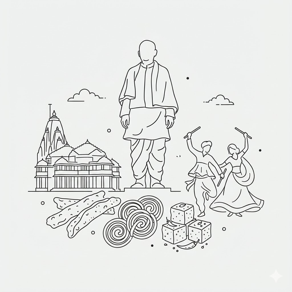 Cultural illustration representing Gujarati language and Gujarat, India - featuring iconic landmarks, cuisine, and symbols of Gujarati speaking regions