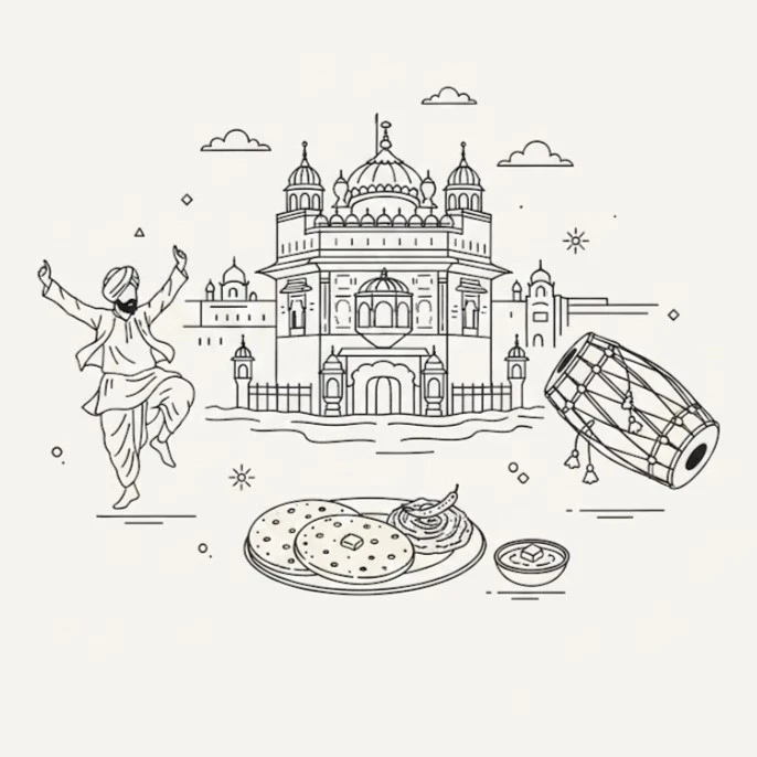 Cultural illustration representing Punjabi language and Punjab, India - featuring iconic landmarks, cuisine, and symbols of Punjabi speaking regions