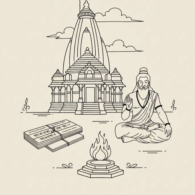 Cultural illustration representing Sanskrit language and India (Ancient/Classical) - featuring iconic landmarks, cuisine, and symbols of Sanskrit speaking regions