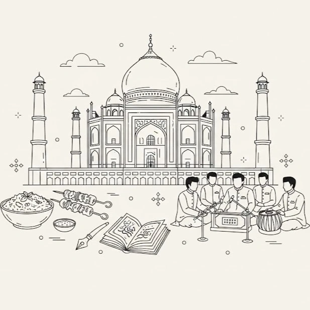 Cultural illustration representing Urdu language and India & Pakistan - featuring iconic landmarks, cuisine, and symbols of Urdu speaking regions