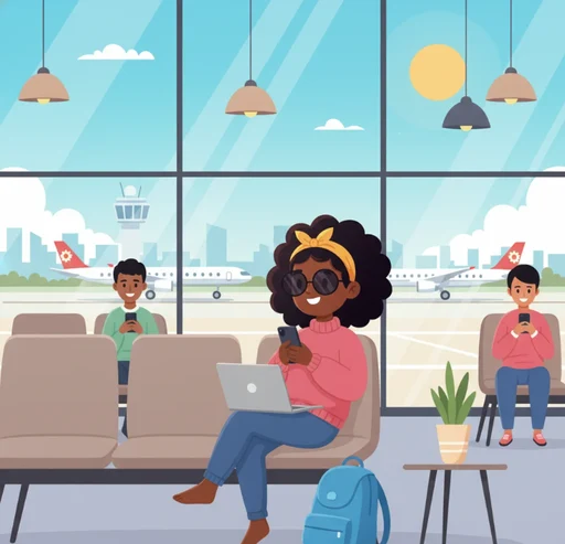 The Indilingo character waiting at an airport with her phone and luggage