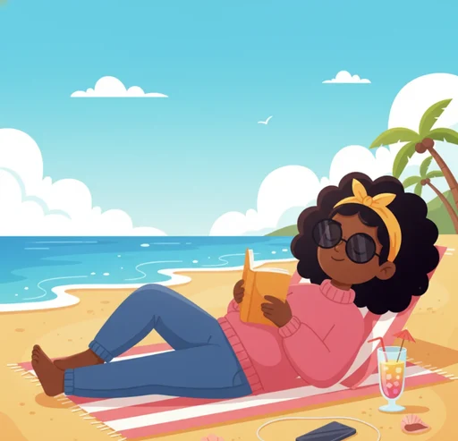 The Indilingo character reading on a beach