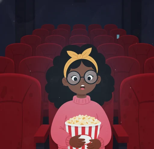 The Indilingo character watching a film with popcorn at the cinema