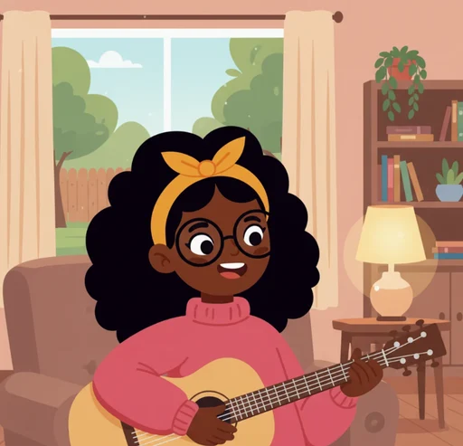 The Indilingo character playing a guitar