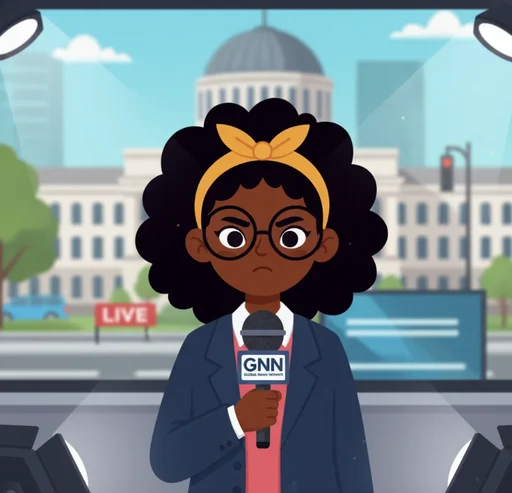 The Indilingo character reporting the news with a microphone