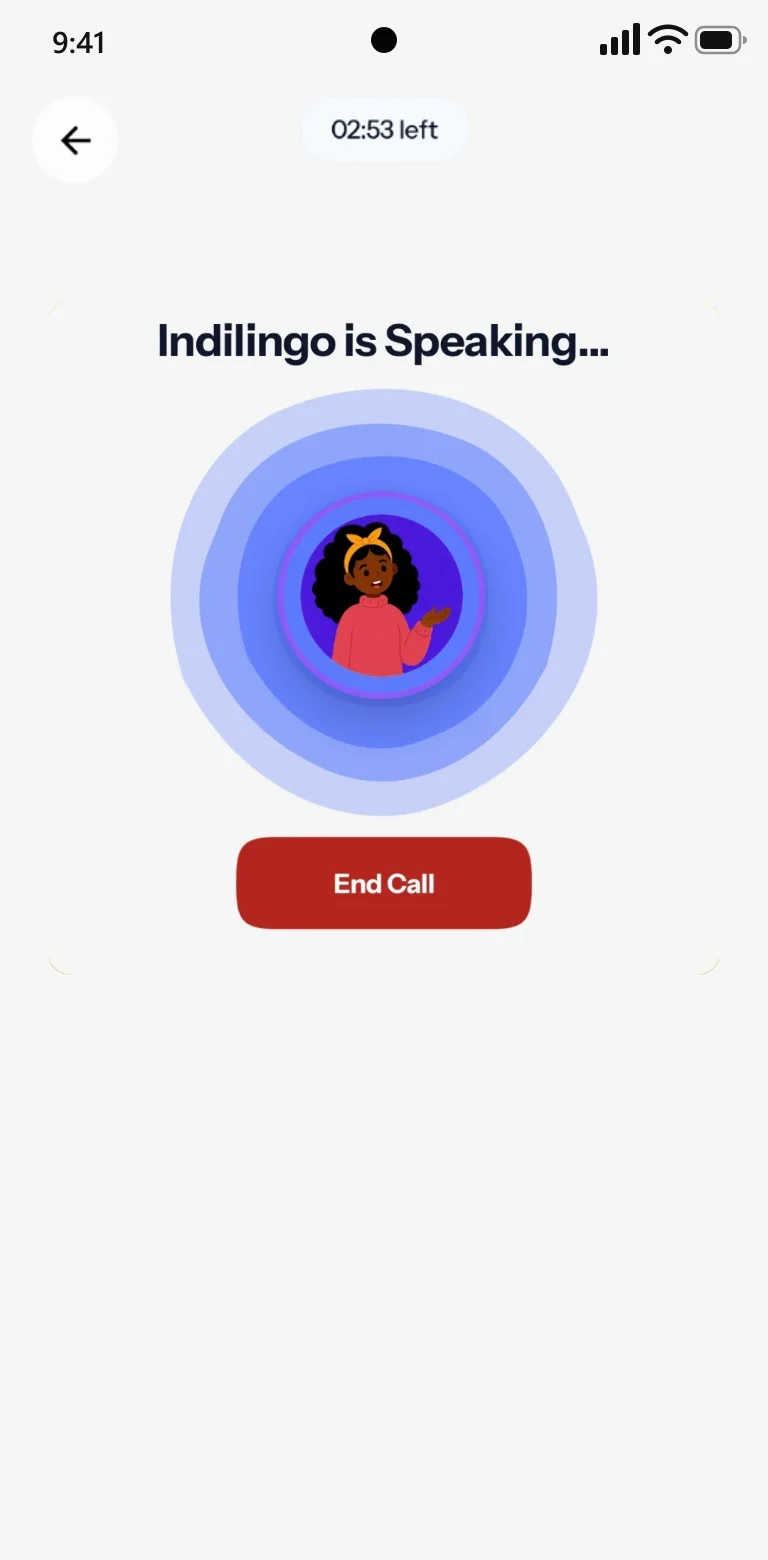 An Indilingo voice call: the AI tutor is speaking, with time left on the call and an End Call button
