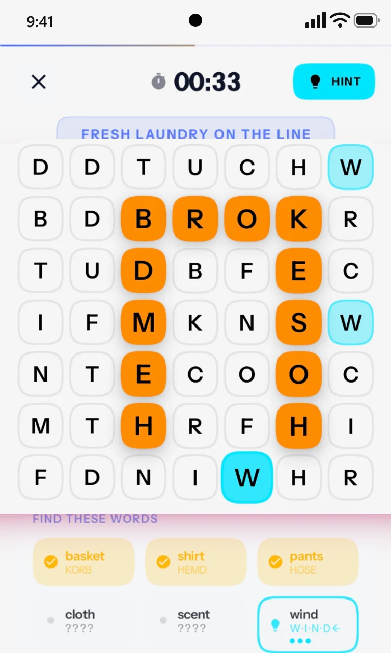 An Indilingo Word Maze: a grid of letters with found words highlighted and a list of words to find