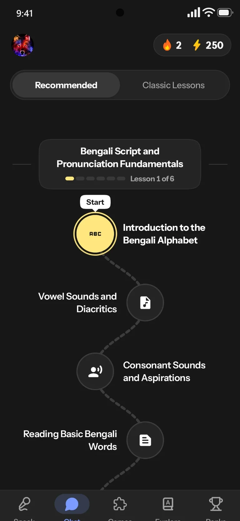 An Indilingo lesson path: Bengali Script and Pronunciation Fundamentals, starting with Introduction to the Bengali Alphabet